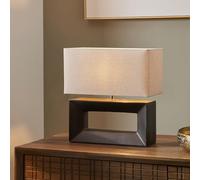 Abstract Square Block Ceramic Table Lamps For Living Room | Modern Bedside Black Lamp Base With Cream Shade | Contemporary Stylish Standard Table-Lamp and Lampshade (Short: W32xD16xH34.5cm)