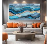 Abstract Stripes Canvas Wall Art for Living Room, Marble Texture Pattern Canvas Poster Decor, Blue Modern Pictures Painting on Print Canvas Wall Art for Living Room Bedroom Hallway Office, 120x60 cm