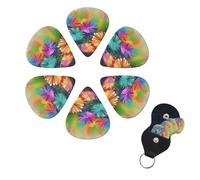 Abstract Style Colorful Flowers Guitar Picks 6 Pack, 0.96mm Thickness Celluloid Bass Pick with Leather Guitar Pick Holder Keychain Abstract Art Pics Plectrum for Acoustic Electric Guitar