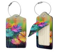 Abstract Style Colorful Flowers Luggage Tag PU Leather Suitcase Tags Identifiers Travel Tags with Privacy Protection and Stainless Steel Loop Luggage Bag Tag for Women Men, Black, 4 pcs