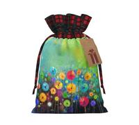 Abstract Style Colorful Flowers Print Festive Plaid Gift Bag, Candy Bag, Drawstring Burlap Pouch For Holiday Presents Favor-M