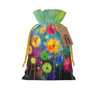 Abstract Style Colorful Flowers Printed Christmas Drawstring Bags with Yellow Christmas Ribbon - Reusable Burlap Drawstring Gift Pouches, S