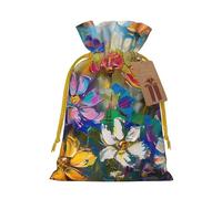 Abstract Style Colorful Flowers Printed Christmas Drawstring Gift Bags-Xmas Wrapping Bags,Candy Bag,For Holiday Party Decorations,Wedding Party Supplies S Yellow Christmas Ribbon