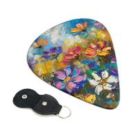 Abstract Style Colorful Flowers Printed Guitar Picks, 6 Pack with Leather Keychain Pick Holder - 0.46mm, 0.71mm, 0.96mm Assorted Thickness for Acoustic Ukulele, Electric Guitar, Acoustic Guitar, Bass