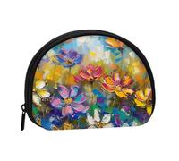 Abstract Style Colorful Flowers Printed Mini Coin Pouch, Shell Shape Zip Around Wallet, Small Zipper Pouch for Cash, Cards, Keys, Lipstick, Storage Pouch, Travel Organizer