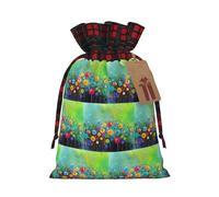 Abstract Style Colorful Flowers Printing Color Matching Plaid Drawstring Christmas Bag With Kraft Tag 4.7x6.9 In For Halloween