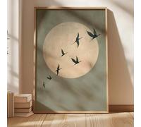 Abstract Sun and Flying Birds Canvas Wall Art, Green Japandi Art Sage Bedroom Pictures, Posters and Prints, Wall Painting for Living Room（without frame）