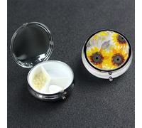 Abstract Sunflowers Pill Box with Mirror 3 Compartment Decorative Pill Case for Purse or Pocket Small Round Pill Organizer Weekly Metal Medicine Tablet Vitamin Holder Travel Gift