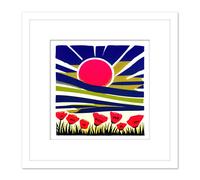 Abstract Sunrise Indigo Blue Sky Over A Field Of Red Poppy Flowers Painting Square Wooden Framed Wall Art Print Picture 8X8 Inch Artery8 White One Size