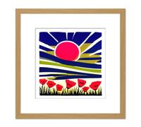 Abstract Sunrise Indigo Blue Sky Over A Field Of Red Poppy Flowers Painting Square Wooden Framed Wall Art Print Picture 8X8 Inch Artery8 Light Oak One Size