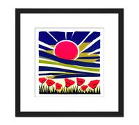 Abstract Sunrise Indigo Blue Sky Over A Field Of Red Poppy Flowers Painting Square Wooden Framed Wall Art Print Picture 8X8 Inch Artery8 Black One Size
