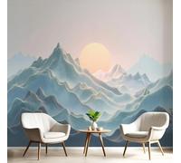 Abstract Sunrise Photo Wallpaper - XXL Photo Wallpaper, Simple Striped Mountain Landscape 3D Effect Wallpaper, Blue Wallpaper for Living Room Bedroom Non-woven Wallpaper Wall Mural, 350cm x 256cm