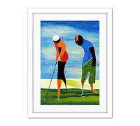 Abstract Surreal Modern Golf Golfing Couple Playing Artwork Framed Wall Art Print 18X24 Inch
