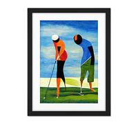 Abstract Surreal Modern Golf Golfing Couple Playing Artwork Framed Wall Art Print 18X24 Inch