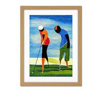 Abstract Surreal Modern Golf Golfing Couple Playing Artwork Framed Wall Art Print 18X24 Inch