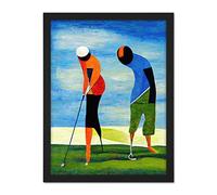 Abstract Surreal Modern Golf Golfing Couple Playing Artwork Framed Wall Art Print 18X24 Inch