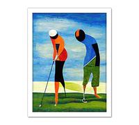 Abstract Surreal Modern Golf Golfing Couple Playing Artwork Framed Wall Art Print 18X24 Inch