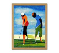 Abstract Surreal Modern Golf Golfing Couple Playing Artwork Framed Wall Art Print 18X24 Inch