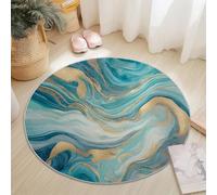 Abstract Swirl Marble Round Rugs 150 cm Blue Gold Rug for Living Room, Circle Area Rugs with Non Slip Backing, Washable Rug for Bedroom Soft Printed Carpet for Hallway Kid’s Room Nursery