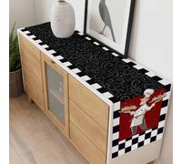 Abstract Table Runner 14x72 inch Cartoon Style Chef Bread White Black Checkered Border Cotton Linen Dining Table Runner Ideal for Dresser Kitchen Coffee Tables - Machine Washable