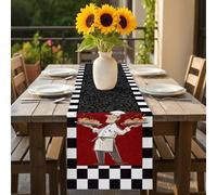 Abstract Table Runner 16x72 inch Cartoon Style Chef Bread White Black Checkered Border Cotton Linen Dining Table Runner Ideal for Dresser Kitchen Coffee Tables - Machine Washable