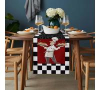 Abstract Table Runner 18x72 inch Cartoon Style Chef Bread White Black Checkered Border Cotton Linen Dining Table Runner Ideal for Dresser Kitchen Coffee Tables - Machine Washable