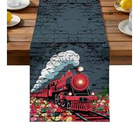 Abstract Table Runner, Red Trains Flower Tunnels Distressed Texture Modern Cotton and Table Linen Runner for Kitchen Dining Home Decor for Party Festival Holiday Decoration Gift 13x48in