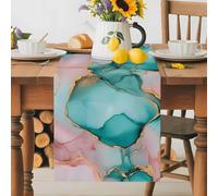 Abstract Teal Table Runner 13x108 Inches Long Pink Fluid Art Marble Stone Texture Modern Cotton Linen Table Runner Burlap Style for Dinner Table Party Decor Tabletop Decorations