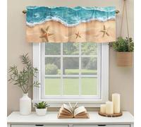 Abstract Teal Valances for Windows, Beach Starfish Sand Ocean Waves Coastal Rod Pocket Valance Short Window Treatments Curtains for Kitchen Bathroom Bedroom Decor, 42 x 18 Inches
