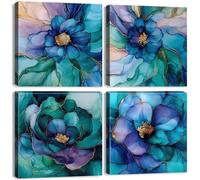 Abstract Teal Wall Art Turquoise Marble Wall Decor Teal Purple Blue and Gold Flowers Canvas Prints Marble Textured Floral Paintings Artwork for Living Room Bedroom Office Home Decoration 12x12" 4Pcs