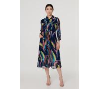 Abstract Tie Front Midi Shirt Dress Izabel London Blue 10