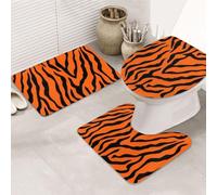 Abstract Tiger Stripes Printed Flannel Anti-Slip Bath Mat Set of 3-80x50cm | Bathroom Rug Set - Bath Mat + U-Shaped Pedestal Mat + O-Shaped Toilet Seat Cover
