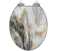 Abstract Toilet Seat White Marble Grey Gold Veins 2D Resin Round Quiet Close Quick Release Hinges Decorative Cover Easy to Install, Style 5