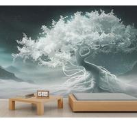 Abstract Tree of Life Mural White Fantasy Tree Wall Murals Night Starry Sky Misty Mountain Landscape Mural Wallpaper for Living Room Bedroom 300 x 210 cm
