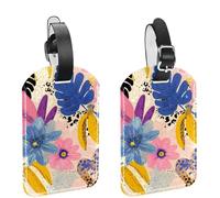 Abstract Tropical Exotic Flowers Summer Pattern Luggage Tags for Suitcase, 2 Pack Leather Baggage Identifier with Privacy Flap and Name ID Label for Women Men Travel