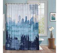 Abstract Urban Silhouette Shower Curtain with 12 Hooks Vintage Blue Building Waterproof Fabric Shower Curtains Sets for Bathroom Bath Decorations, Machine Washable, 72"x84"