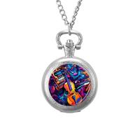 Abstract Violin Music Vintage Pocket Watch Alloy Pendant Watches Necklace Gift for Men Women Silver-Style