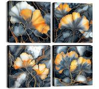 Abstract Wall Art Autumn Ginkgo Biloba Leaves Canvas Prints Black and Gold Wall Decor Pictures for Living Room Modern Nordic Marble Painting Fall Plant Posters Artwork Bathroom Decorations 12x12" 4PCs