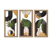 Abstract Wall Art Openwork Boho Wall Decor Art Set of 3 Minimalist Framed Wooden Wall Art Geometric Aesthetic Botanical Boho Wall Decor for Bedroom Living room Office