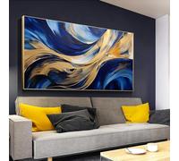 Abstract Wall Art Oversize Framed Home Artwork Decor Blue and Gold Modern Canvas Painting Wall Picture for Living Room Decor 100x200cm/39x79inch With Gold Frame Ready to Hang