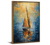 Abstract Wall Art Wood Framed, 16x24in Canvas Wall Prints, Sailboat Home Decor Gold Picture, Navy Blue Painting Modern Seascape Vintage Coastal Artwork Kitchen Bedroom Living Room Home Decoration