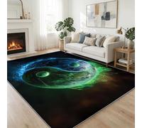 Abstract Washable Carpet 140x200 cm for Living Room, Blue Green Flames Yin Yang Symbol Bedroom Rectangle Non-Slip Rug - Multicoloured Printed Short Pile Non-Shedding Carpet for Kitchen Office Playroom
