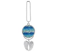 Abstract Water Pattern, Hand Drawn Blue Turquoise White Sea Waves Car Pendant Rear View Mirror Hanging Accessories Interior, Rearview Mirror Necklace for Car Office Souvenir Great Gift