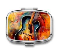 Abstract Watercolor Guitar Pill Case for Travel, Rectangle Metal Pill Organizer with 2 Compartments, Portable Daily Medicine Box for Purse, Wallet