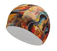 Abstract Watercolor Guitar Swim Caps, High Elasticity Swim Cap for Women and Men Durable Waterproof Swim Hats Keep Hair Dry Perfect for Pool, Beach, Lap Swimming