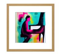 Abstract Watercolour Jazz Piano Bar Pianist Pink And Blue Modern Illustration Square Wooden Framed Wall Art Print Picture 8X8 Inch Artery8 Light Oak One Size