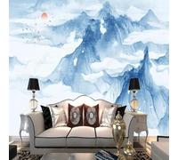 Abstract Watercolour Mountain Peaks Flying Birds Sunrise Small Boat 3D Wallpaper Premium Textured Silk Study Dining Living Room Bedroom Sofa TV Wall Easy Install-300cm×210cm