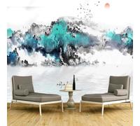 Abstract Watercolour Mountain Peaks Small Boats Flying Birds Sunrise 3D Wallpaper Premium Textured Silk Study Dining Living Room Bedroom Sofa TV Wall Easy Install-250cm×170cm