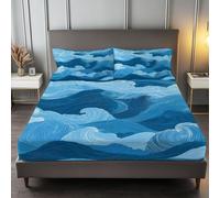 Abstract Wave And Line Art Print Bedding Set 3Pcs, Soft Microfibre Fabric Fitted sheets - Deep Pocket 40cm, Ultra Soft Breathable Bed Sheets for Teens Toddler, Single Size, Blue