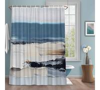 Abstract Wave Art Shower Curtain with 12 Hooks Blue Seaside Oil Painting Style Waterproof Fabric Shower Curtains Sets for Bathroom Bath Decorations, Machine Washable, 72"x72"